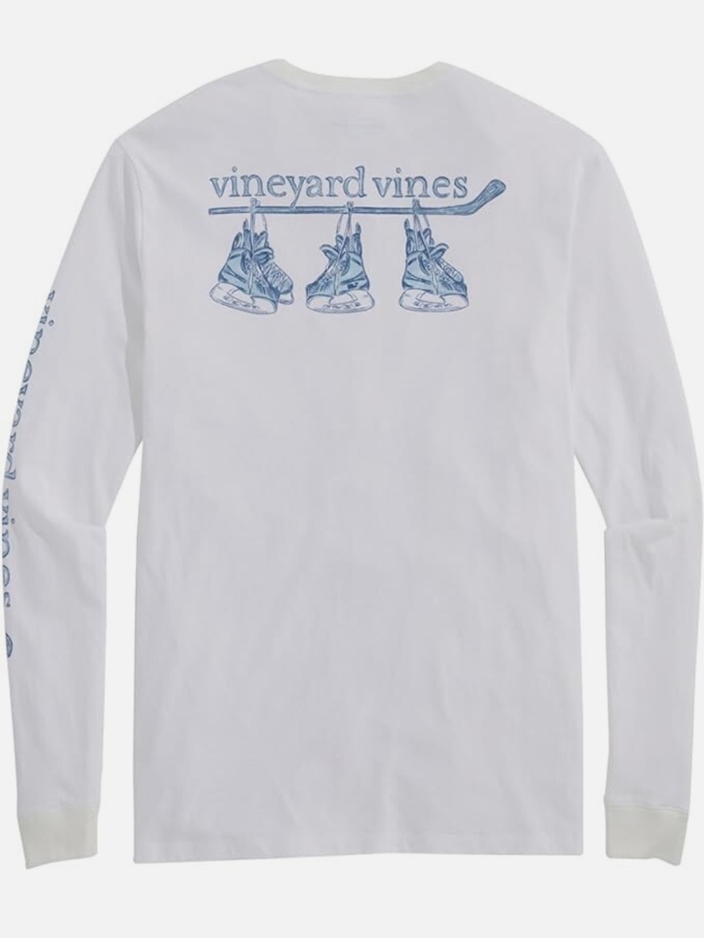 Vineyard Vines White Long-Sleeve Tee with Light Blue Hockey Graphic